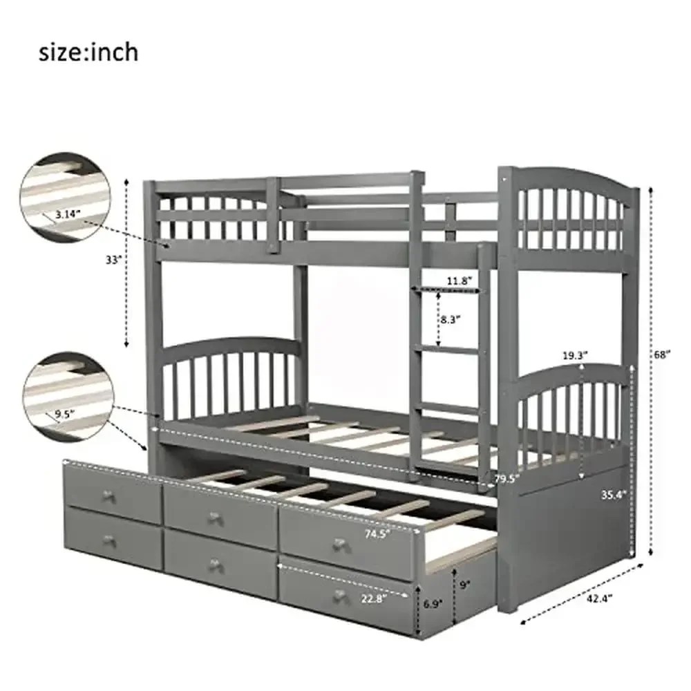 Bunk Bed with Twin Trundle 3 Storage Drawers Safety Rail Ladder Kids Bedroom Furniture