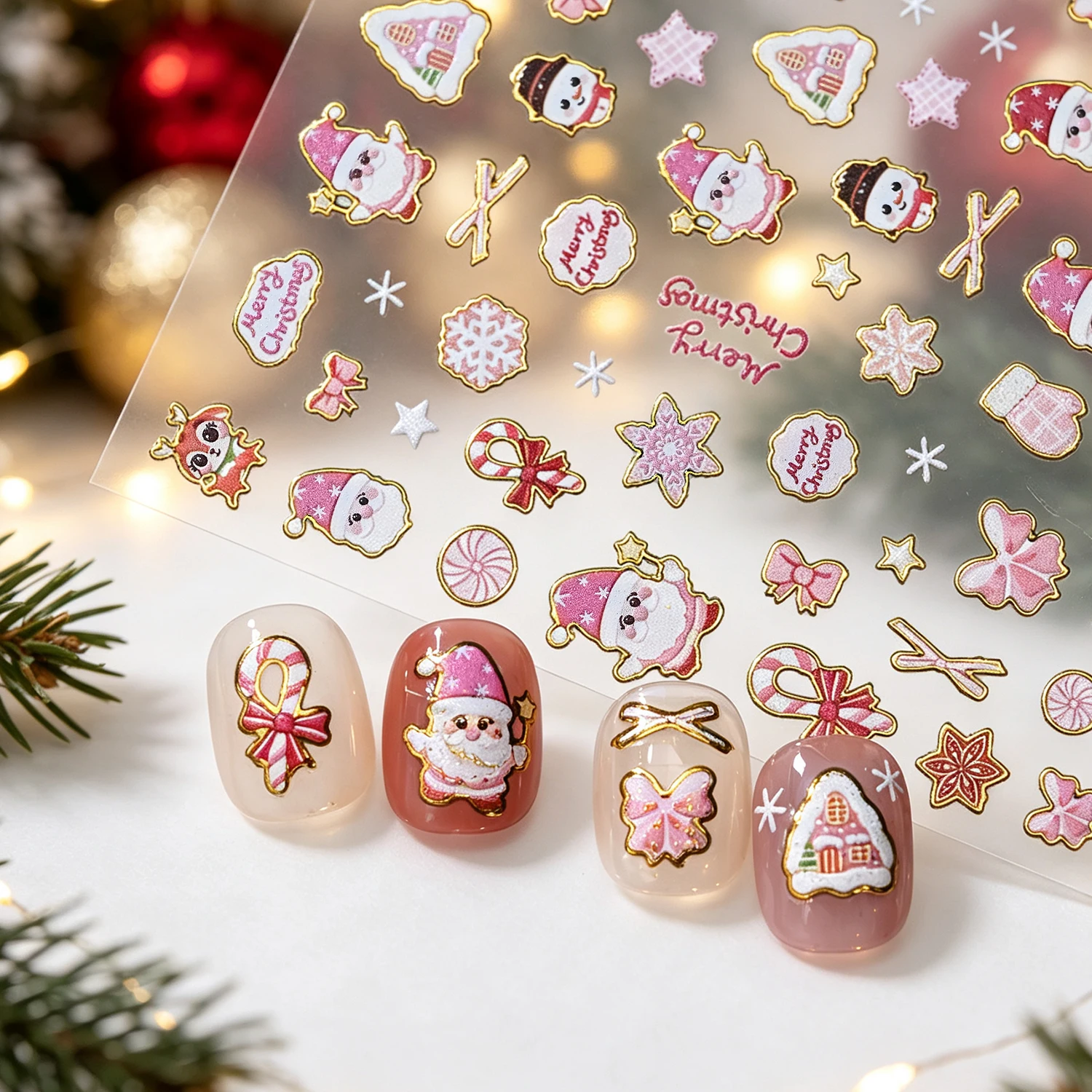1PCS Gold Edge 5D Embossed Xmas Nail Decals Cartoon Santa Elk Snowman Snow House Bow Nail Stickers For Winter Christmas New Year