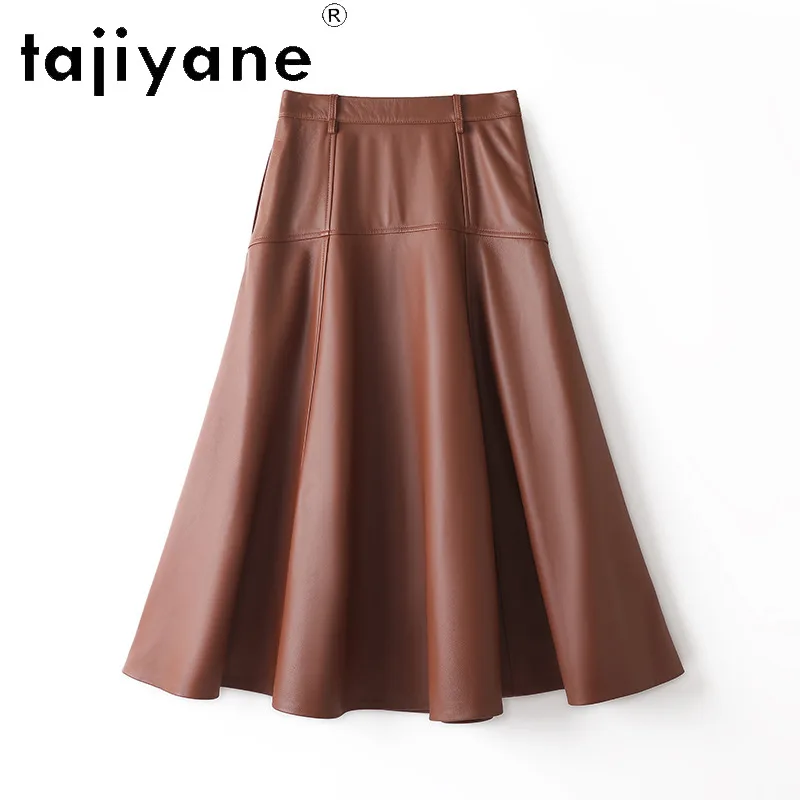 TAJIYANE Genuine Leather Skirt Woman A-line Umbrella Skirt Sheepskin Women's Skirts Elegant Skirt for Women Юбка Side Pockets