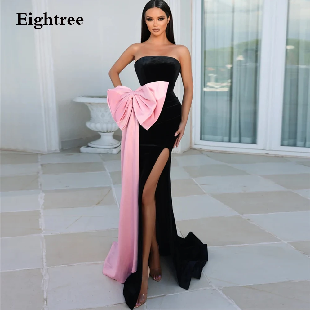 Eightree Sexy Black Velvet Mermaid Evening Dresses Sleeveless Formal Occasion Dress High Slit Strapless Prom Gowns Big Pink Bow