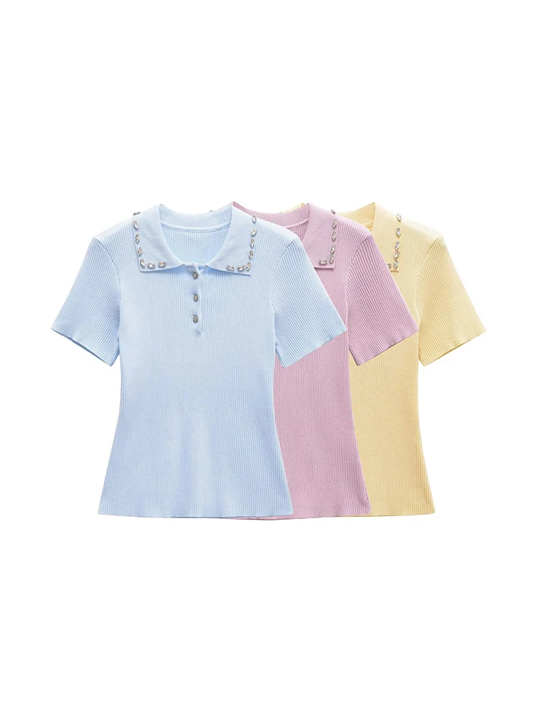 

European and American style autumn new fashion casual women's slim fit solid color short sleeve jewelry neckline ribbed short sl