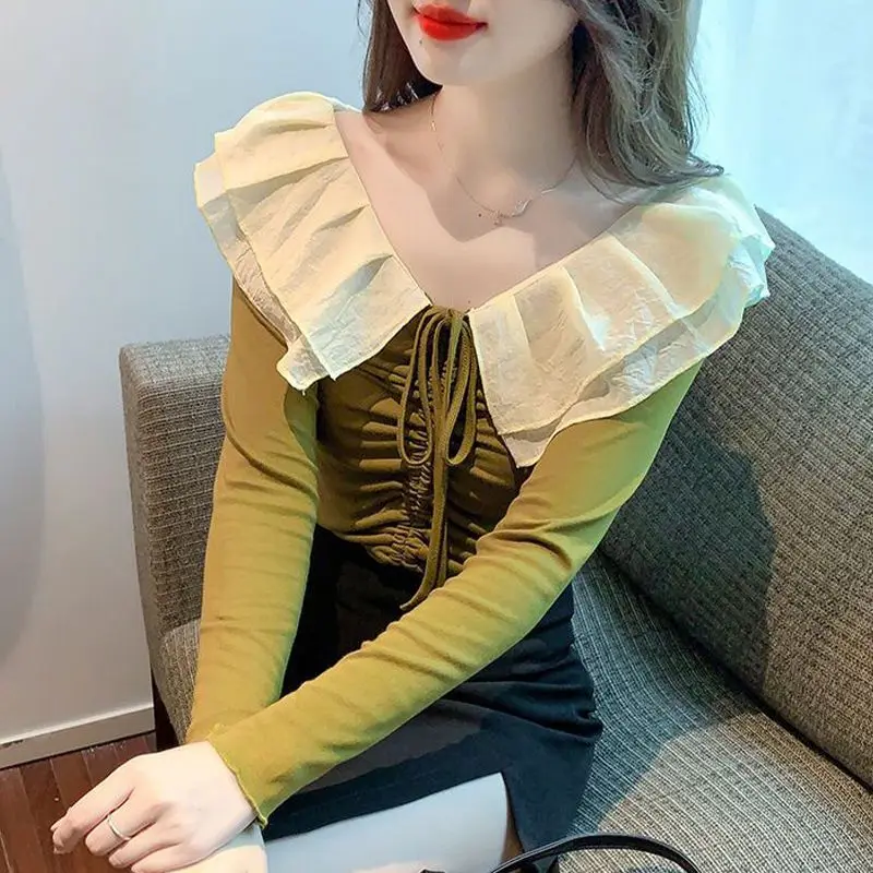 

Y2K One Shoulder Long Sleeve T-shirt for Women's New Drawstring Ruffles Korean Short Tops Sexy Fashion Clothing Spring Autumn