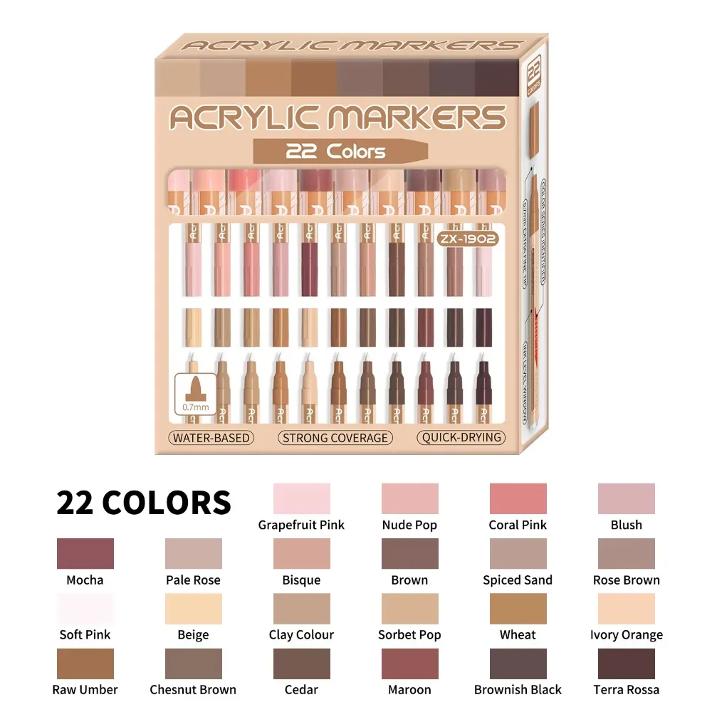 

Набор акриловых маркеров Pro Color Series, 22 цвета (оттенки серого/кожных тонов), для рисования, с видимым окном, наконечник 0,7 мм