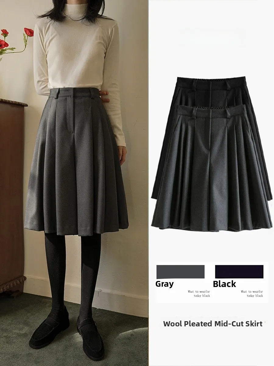

Slimming High Waist Woolen Pleated Skirt Women's Autumn Winter New Sle A-Line Pants Skirt Small Size Slim f Skirt