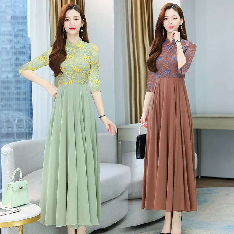 

2023 Summer New Elegant Middle-Aged and Elderly In Cheongsam Dress Women's Mid-Length Large Size Loose Base Skirt