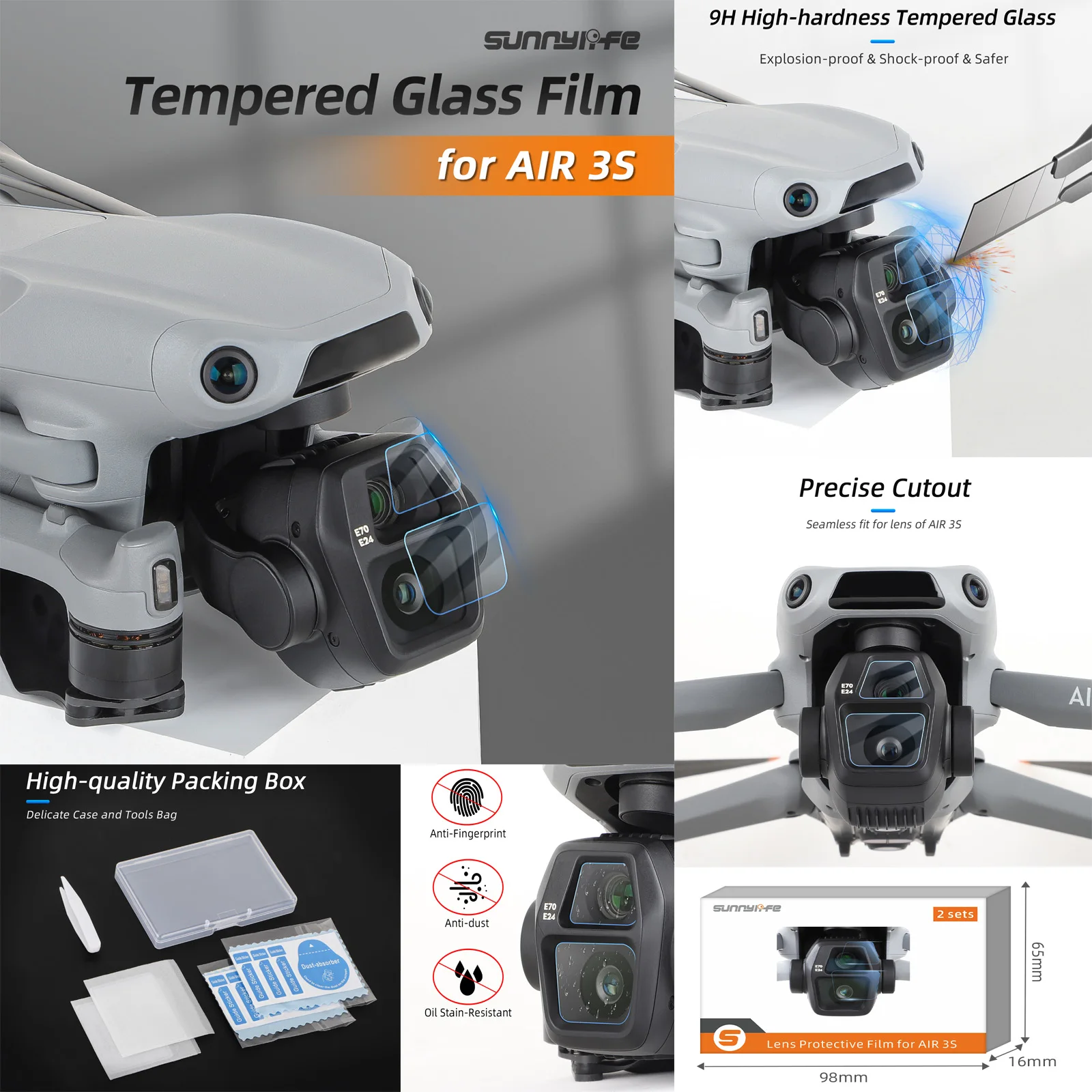 

Sunnylife for DJI Air 3S Tempered Lens Film 9H HD Anti-scrach Dustproof Screen Protector Film for DJI Air 3S Drone Accessories