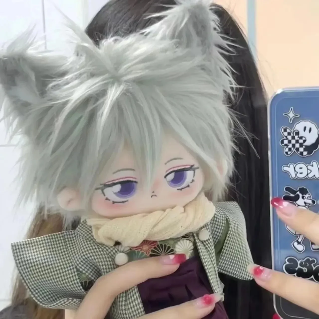 20cm Anime  Attribute Tomoe White Hair Handsome Cosplay  Plush Doll Cotton Body Dress Up Clothes Outfit Stuffed Toys