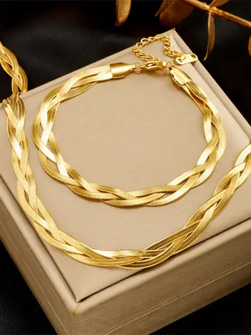 DIEYURO 316L Stainless Steel 3in1 Crossover Snake Chain Necklace Bracelets For Women Girl New Fashion Waterproof Jewelry Set