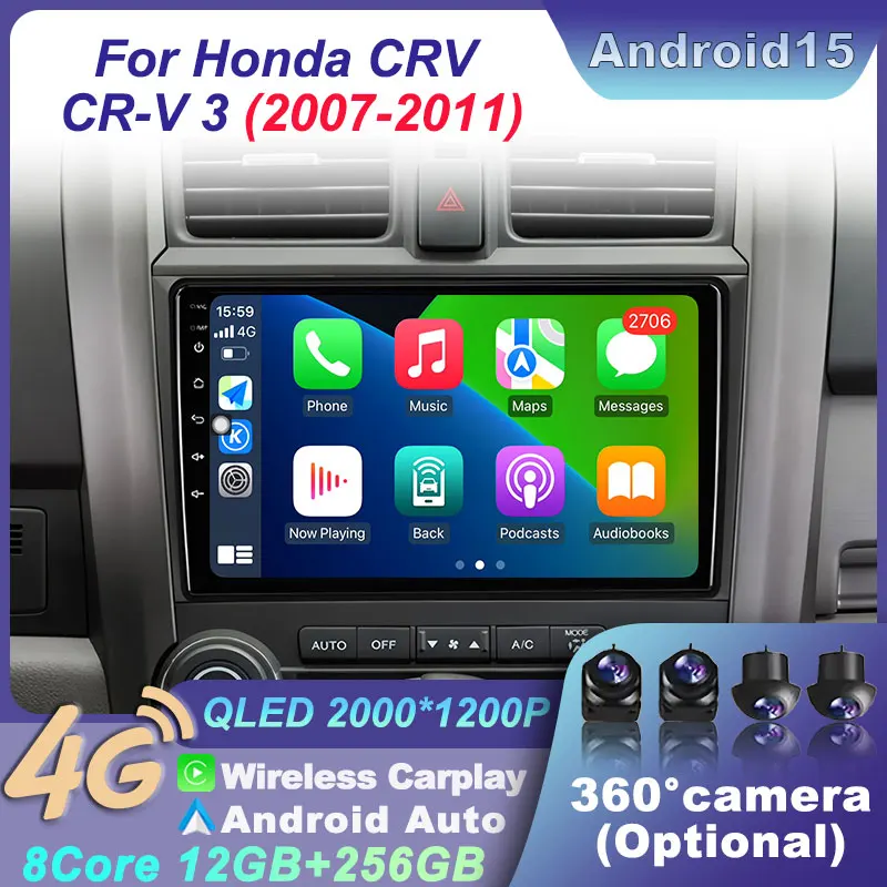 لهوندا CRV CR-V 3 2007-2011 Carplay سيارة 9 بوصة أندرويد 15 راديو نظام تحديد المواقع رئيس وحدة DSP 4G الوسائط المتعددة مشغل فيديو 2 الدين الملاحة