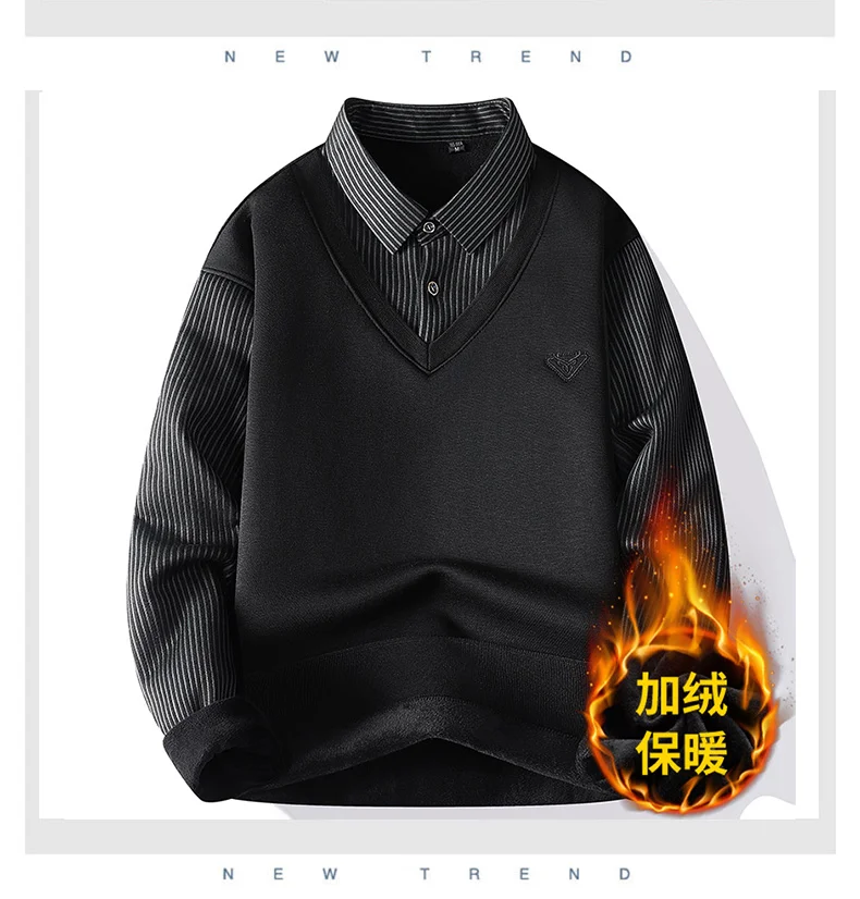 Herren-Langarmshirts mit Fleecefutter, Fake-Two-in-One-Strickhemden, kleine Stickerei, entspannte Passform, warme Oberteile für den Winter. – Detail 11
