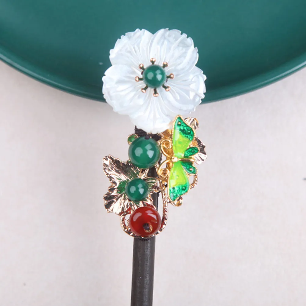 

Vintage Hairpin Wood Finish Floral Design Hair Bun Holder For Han Style Festival Wear Oriental Headdress Long