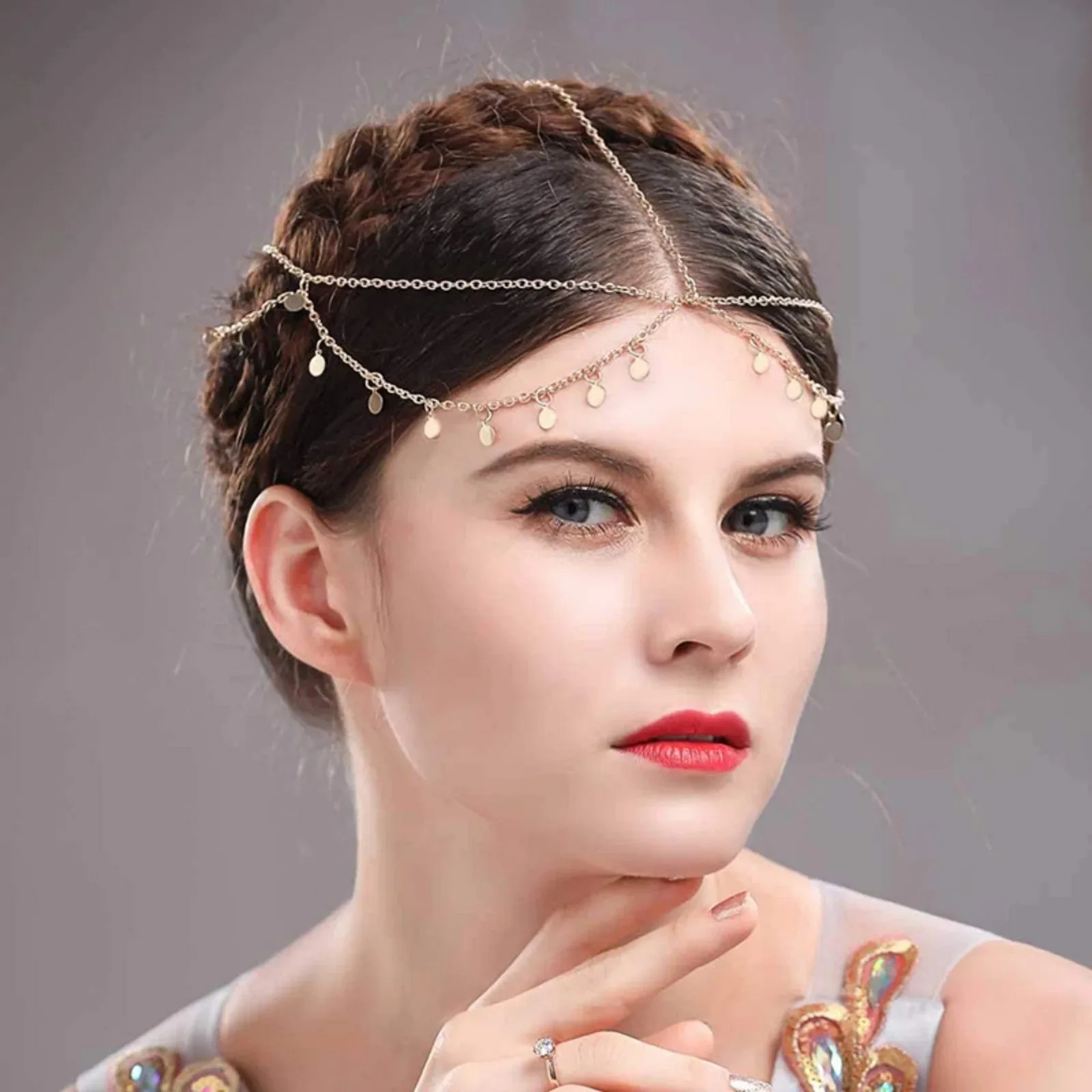 1 Stück Boho-Stil Goldketten-Kopfschmuck mit Scheibenanhängern Elegantes Haaraccessoire für Festivals und Partys – Detail 2