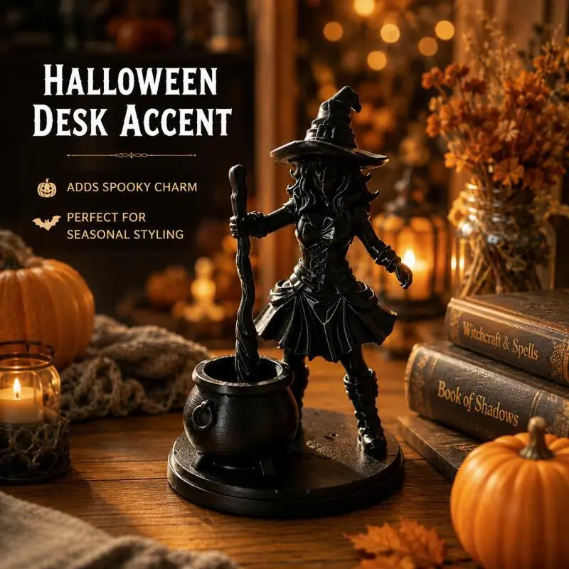 Halloween Witch Figurine with Cauldron, Dark Gothic Mini Statue for Desk Shelf Tabletop Seasonal Home Decor Gift
