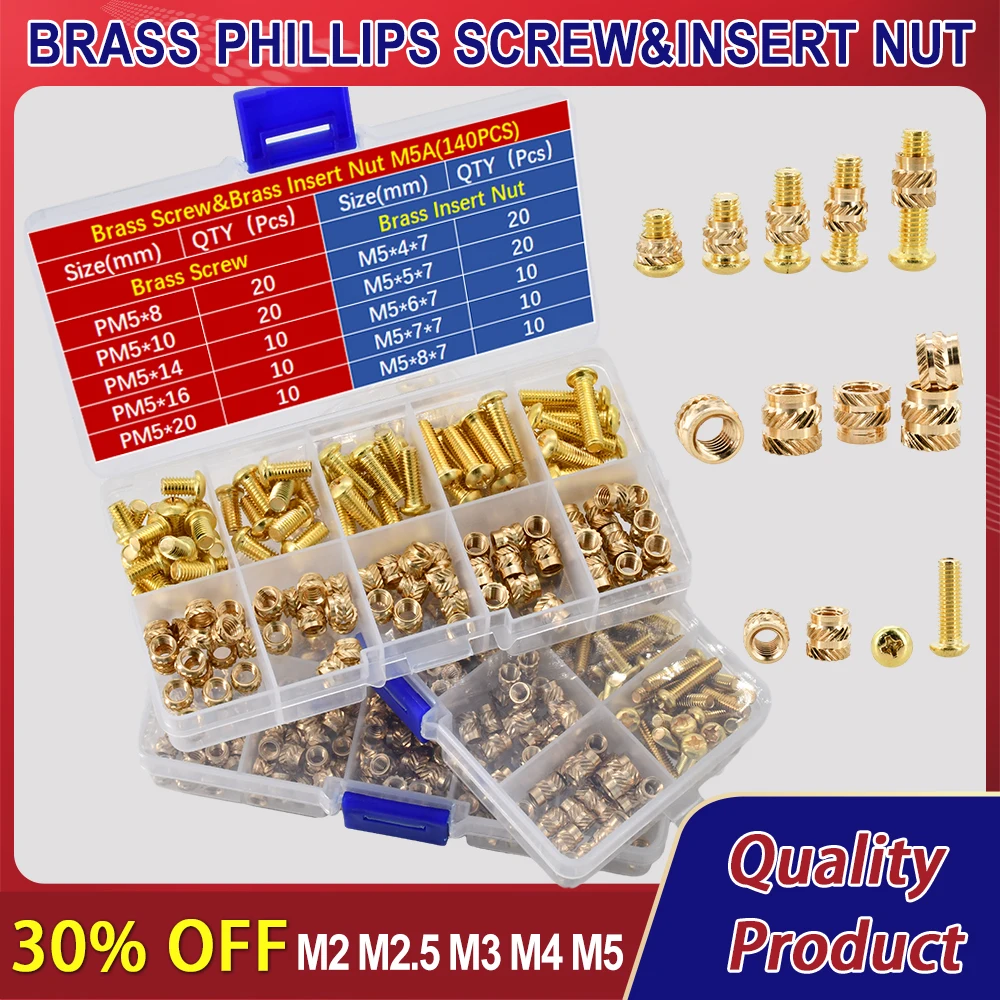 

M2 M2.5 M3 M4 M5 Brass Heat Thread Insert Nut ＆ Phillips Cross Around Head Screw Set Knurling Hot Melt Injection Nuts Bolt Suite