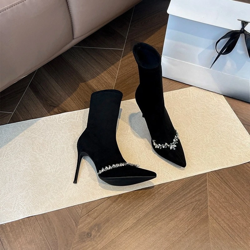

Women Rhinestone Pointed Toe High Heel Ankle Boots Black Suede Stiletto Elegant Party Shoes