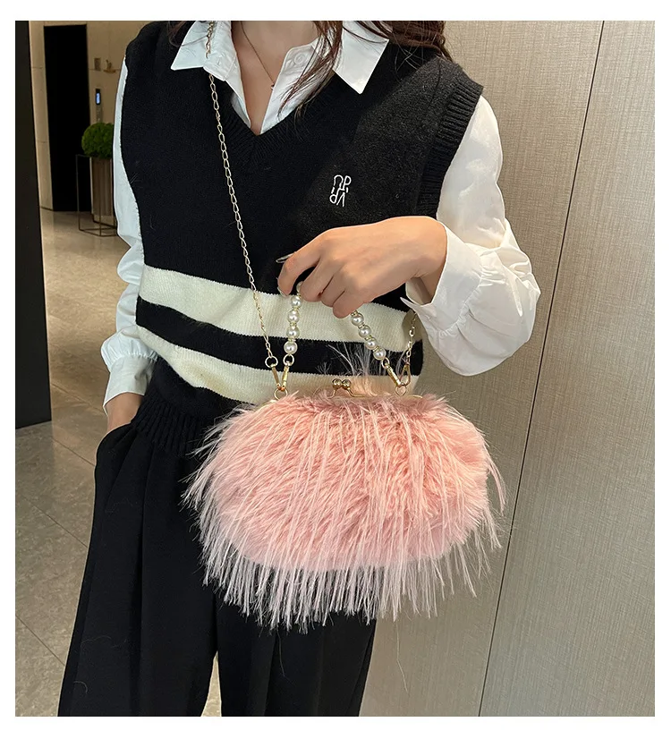 Korean Style Fluffy Feather Crossbody Bag Pearl Chain Tassel Evening Clutch