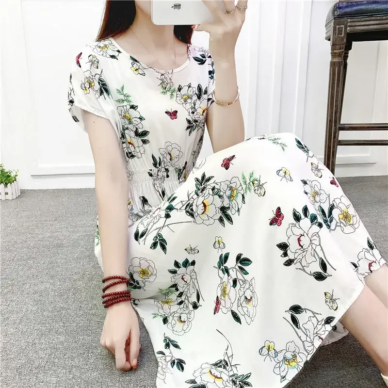 Summer Floral Dress Large Size Printted WaistMedium-Length Skirt Woman Dress Vestido De Mujer Femme Robe