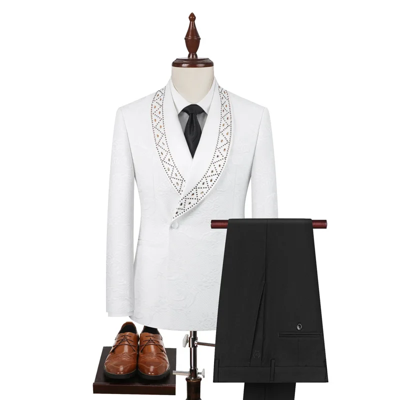 

Men's Suit Jacquard Fabric Embroidery One Button 2 Pieces Blazer Pants Buckle Work Wool Wear Side Fork Wedding Prom Customized