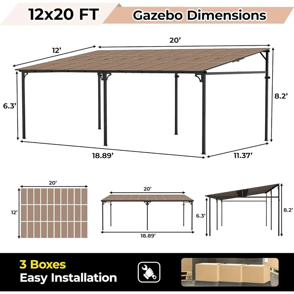 12’ x 20’ Gazebo, Outdoor Pergolas and Gazebos on Clearance, Hard Top Lean to Gazebo with Metal e, Pergola Wall Mounted Pergola view 2