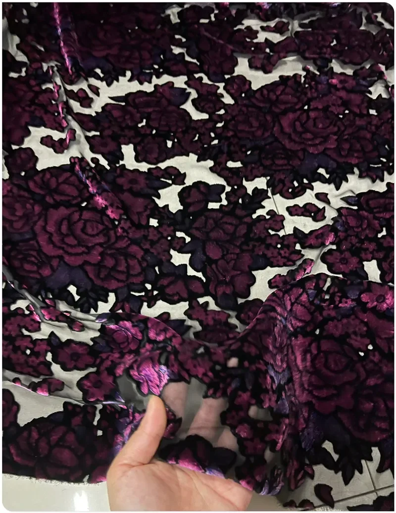 High Grade Purple Flower Mulberry Silk Velvet Cloth Dress Cheongsam Skirt Fabric