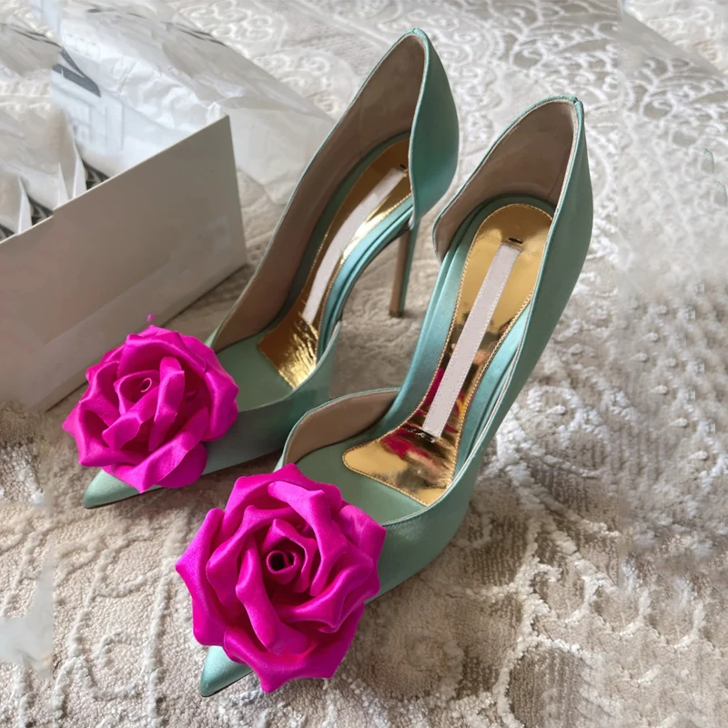 

Rose Flower Pointed Toe Stiletto Green Pumps Woman 2023 High Heels Dress Bridesmaid Bride Wedding Shoes Fashion Classic