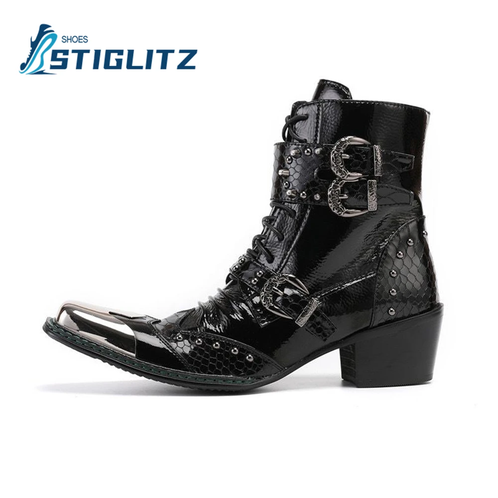 Snake Pattern Buckle Vintage Ankle Boots for Men Luxurious Workwear Leather Boots Metal Rivets Square Toe Punk Style Men\'s Shoes