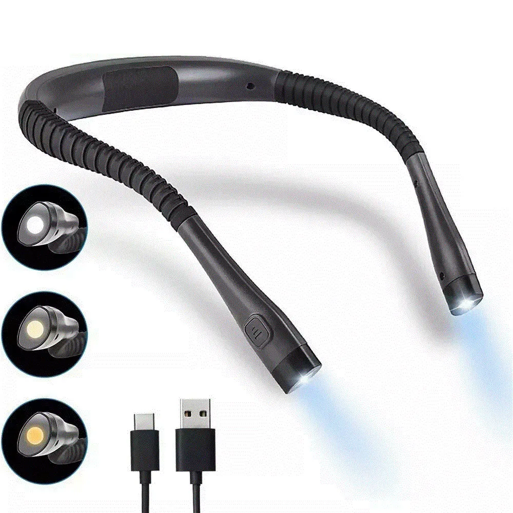 USB Rechargeable LED Neck Light for Reading in Bed Crafting Camping - Adjustable 3 Color Temp 3 Level Brightness Book Light