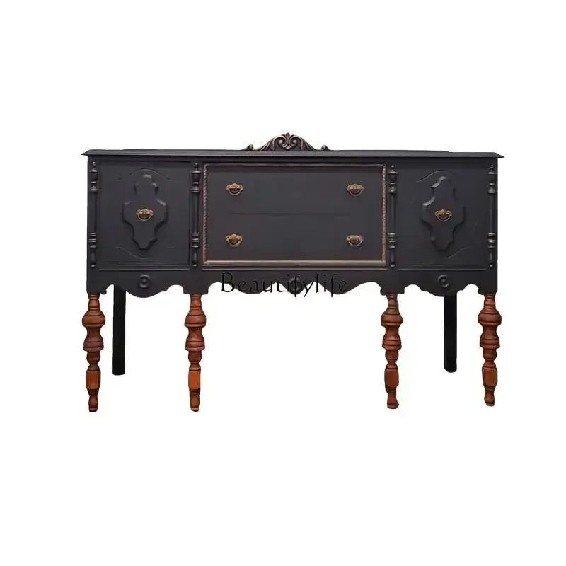 

French Style Entryway Cabinet Vintage Decor European Solid Wood Carved Hallway Storage Sideboard Wall-Mounted Sideboard