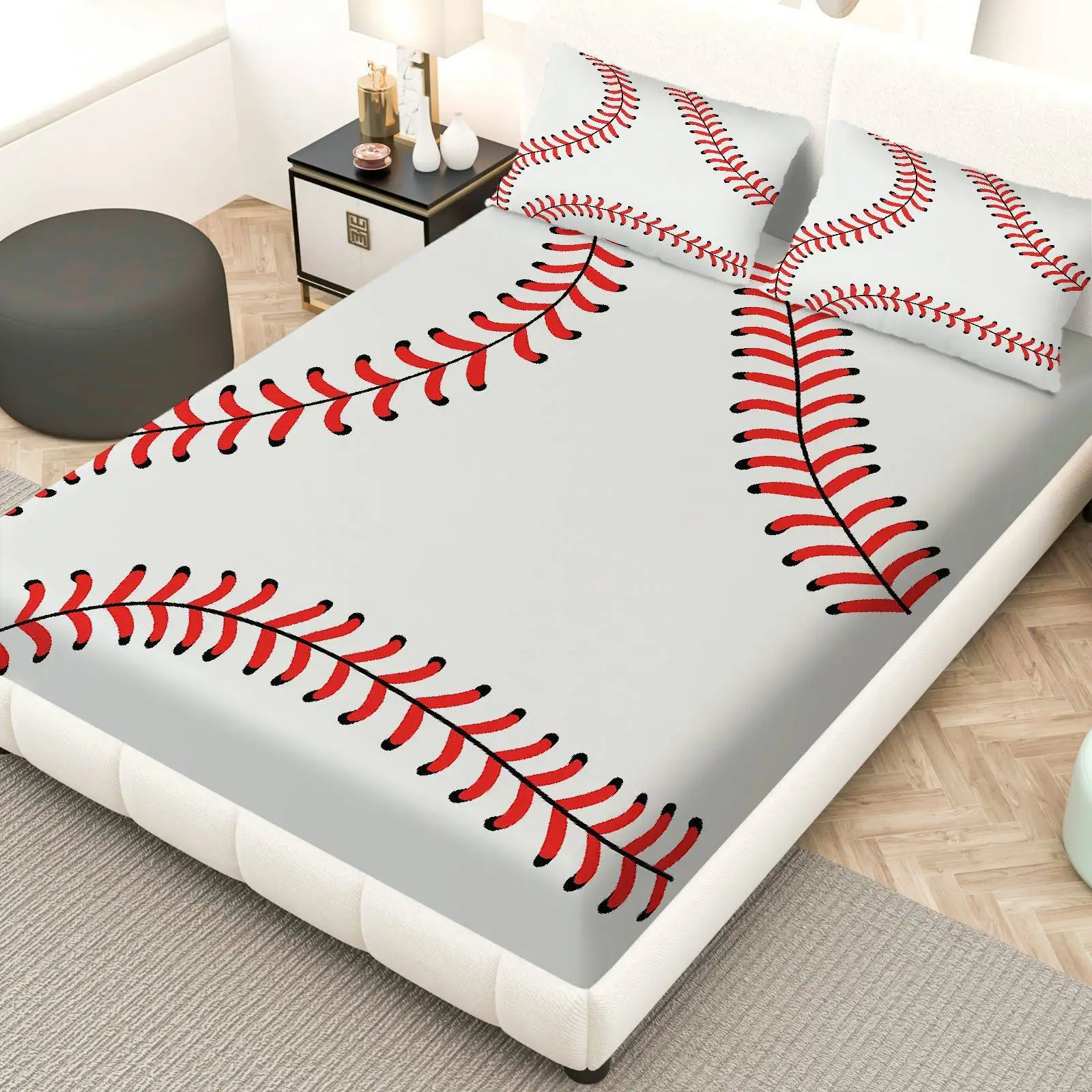 3-Piece Mattress Protector Set, 2D Flat Printed Fitted Sheet, Simple Baseball Style Fitted Sheet Protector, with 2 Pillowcases, Polyester Fiber Material, Machine Washable