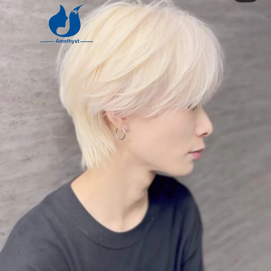 Amethyst Men's White Platinum Wolf Cut Short Bob 13x4 Lace Front Wig Brazilian Remy Hair Pre-Plucked  Mullet Style Layered 60#