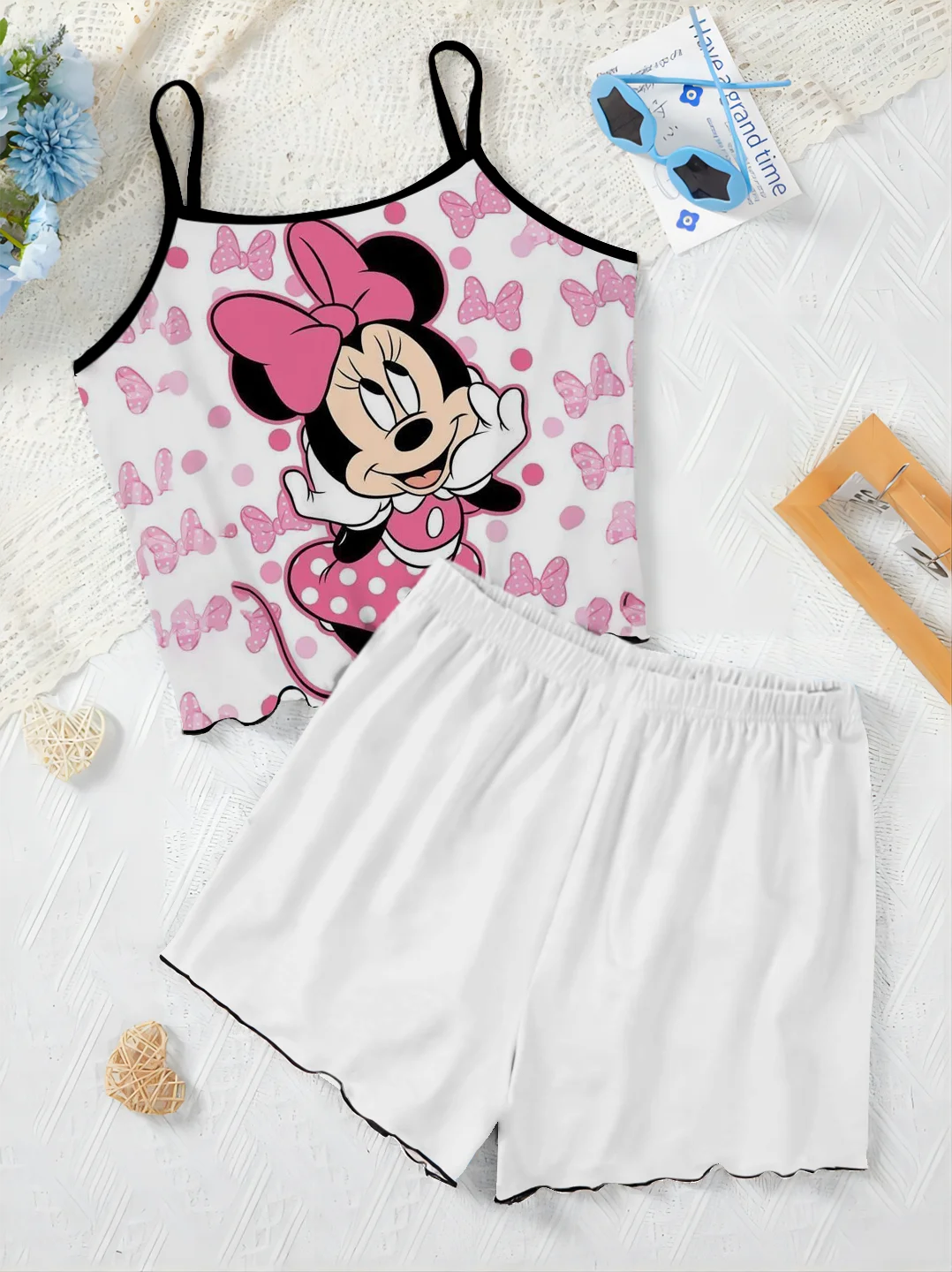 Lettuce Trim Minnie Mouse Top Disney Slip Dress Short Sets for Women 2 Pieces Pajama Skirt Women's Suit Mickey T-shirt Elegant