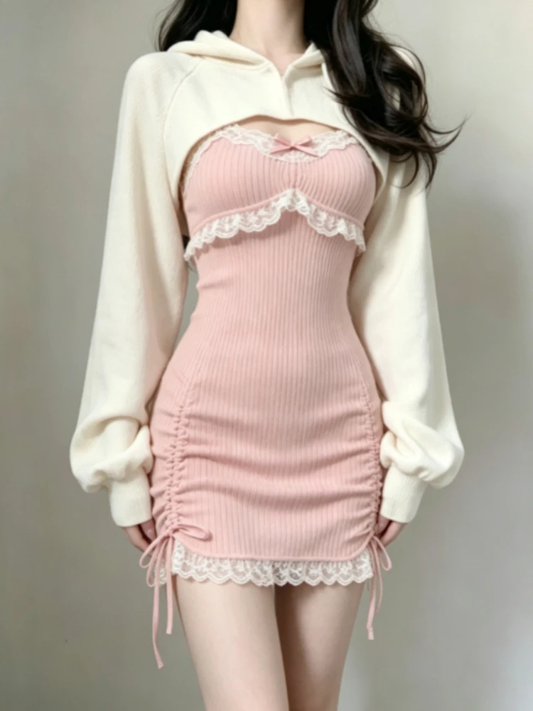2 Piece Outfit Set Korea Style Y2K Knit Crop Top And Mini Dress Autumn Office Evening Party Casual Wear For Young Trendy Ladies