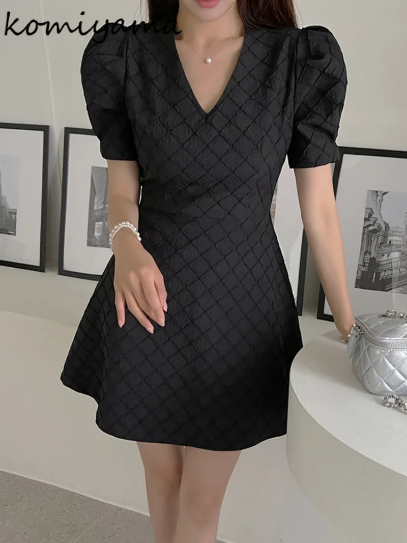 V-neck Argyle Vestidos Elegantes 2025 Woman Dresses Short Sleeve Dress High Waist Vestido Mujer Summer Feminino Mini Robes