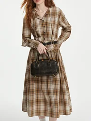 FSLE Women Long Plaid Dress Turn-down Collar A-LINE Cotton Dress Autumn Retro Brown Plaid Long Dress With Sashes 24FS13313