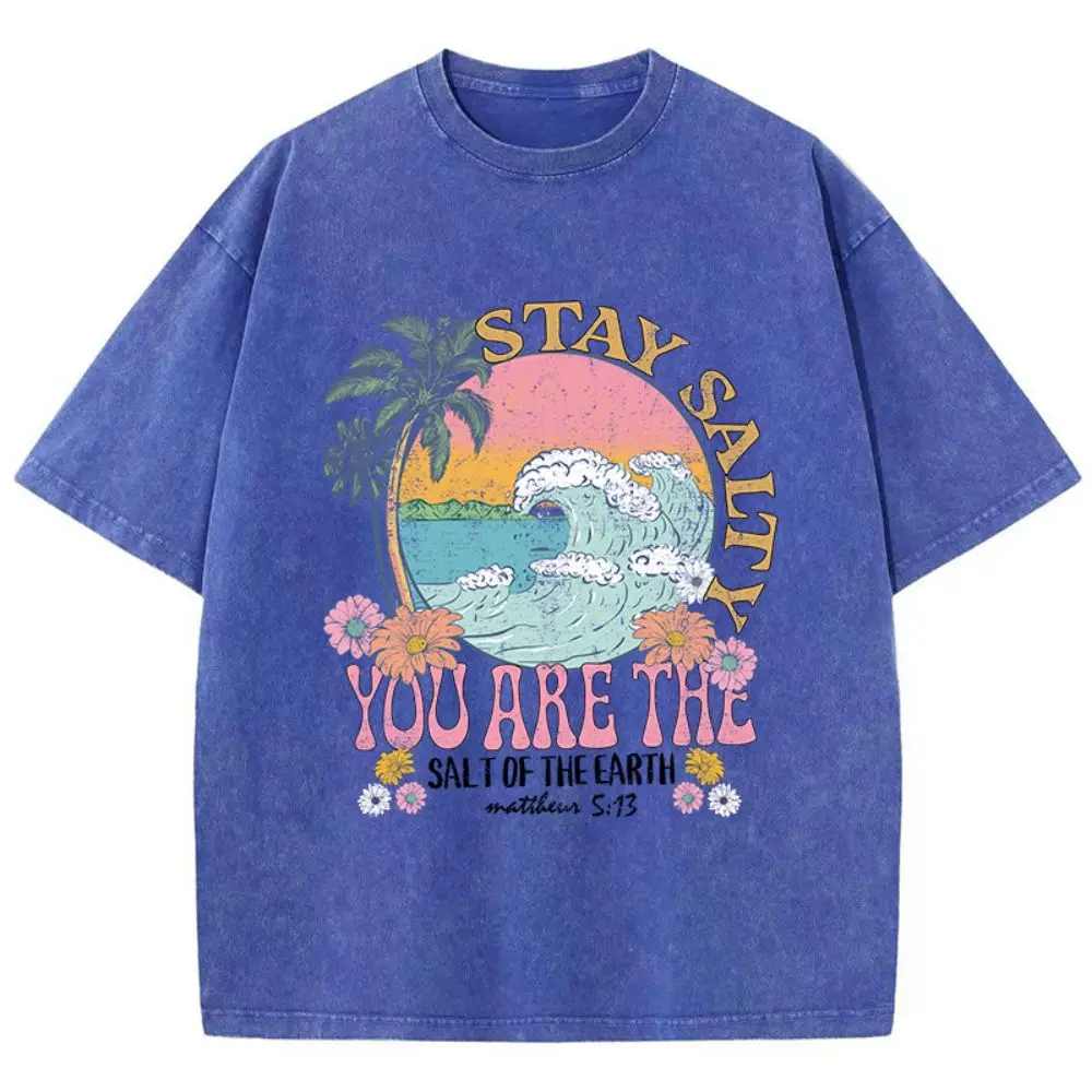 Summer Woman Cotton Washed T-Shirts Stay Salty You Are The Salt Of The Earth Printed Tops Loose O-Neck Vintage Female Clothes
