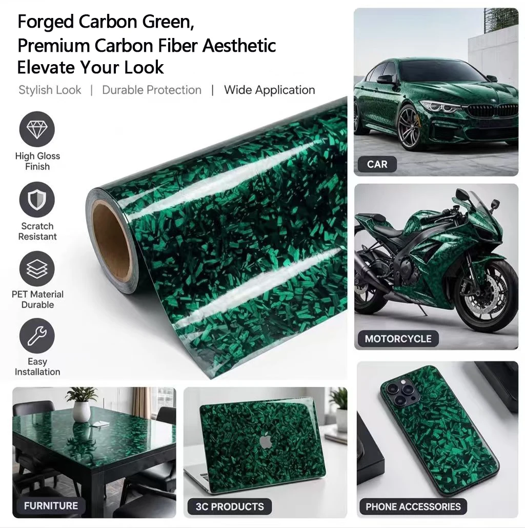 High Gloss Forged Flower Carbon Green Automotive Vinyl Car Wrap Carbon Fiber Sticker Car Body Films Self-adhesive Film Stickers