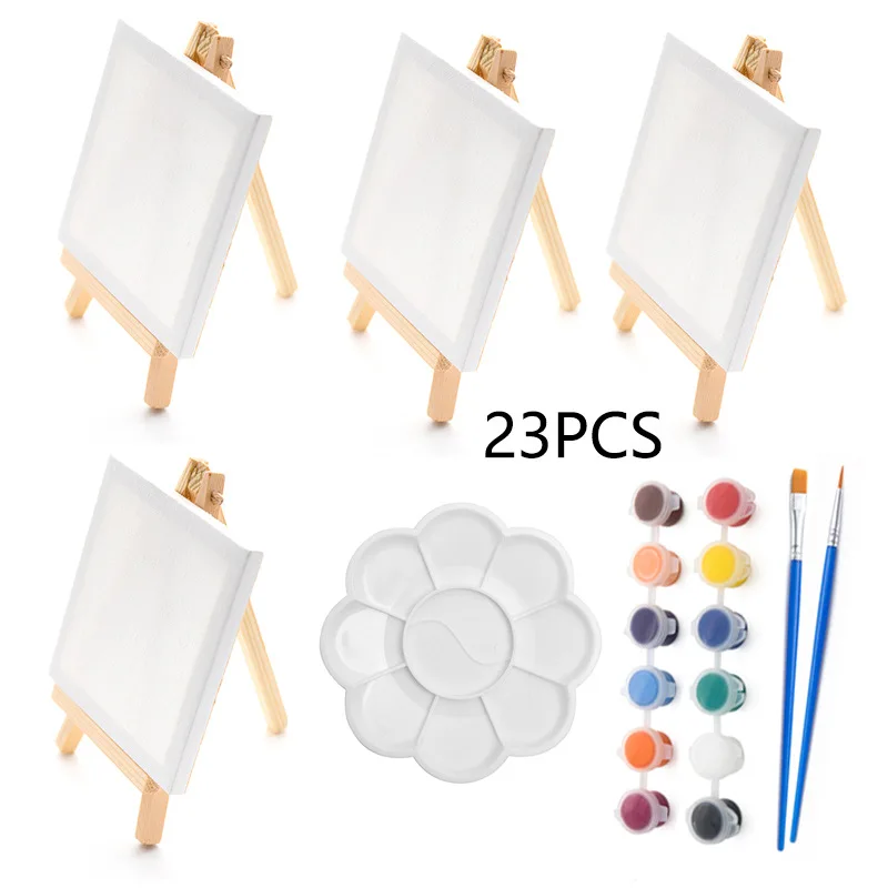 23Pcs Mini Easel Drawing Board Set Wooden Tripod Acrylic Oil Paint Kit for Kids Beginner Artists  Art Painting Supplies