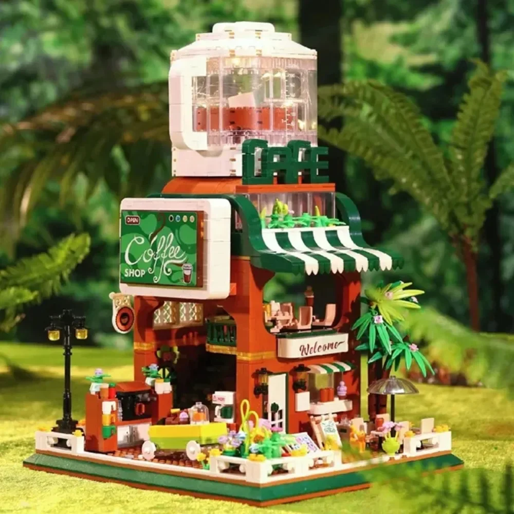 Creative Streetscape Architecture Bear Coffee House Building Blocks City Street View Cafe Shop Model Holiday Gifts Kids Toys