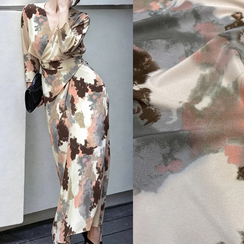Printed Stretch Gray Pink Silk Crepe de Chine Fabric for DIY Sewing Summer Dress Pajamas Soft Comfortable Silk Fabric FR7011