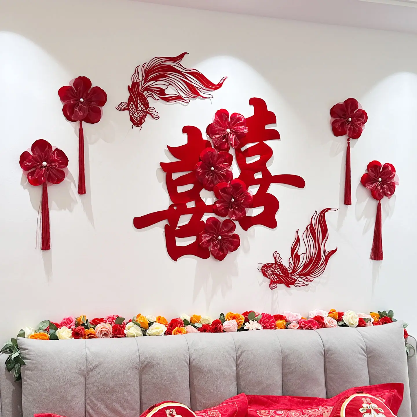 

Chinese Wedding Decoration Bedside Background Wall Wedding Supplies High-grade Wine Red Wedding Room Decoration Xi Zi Set
