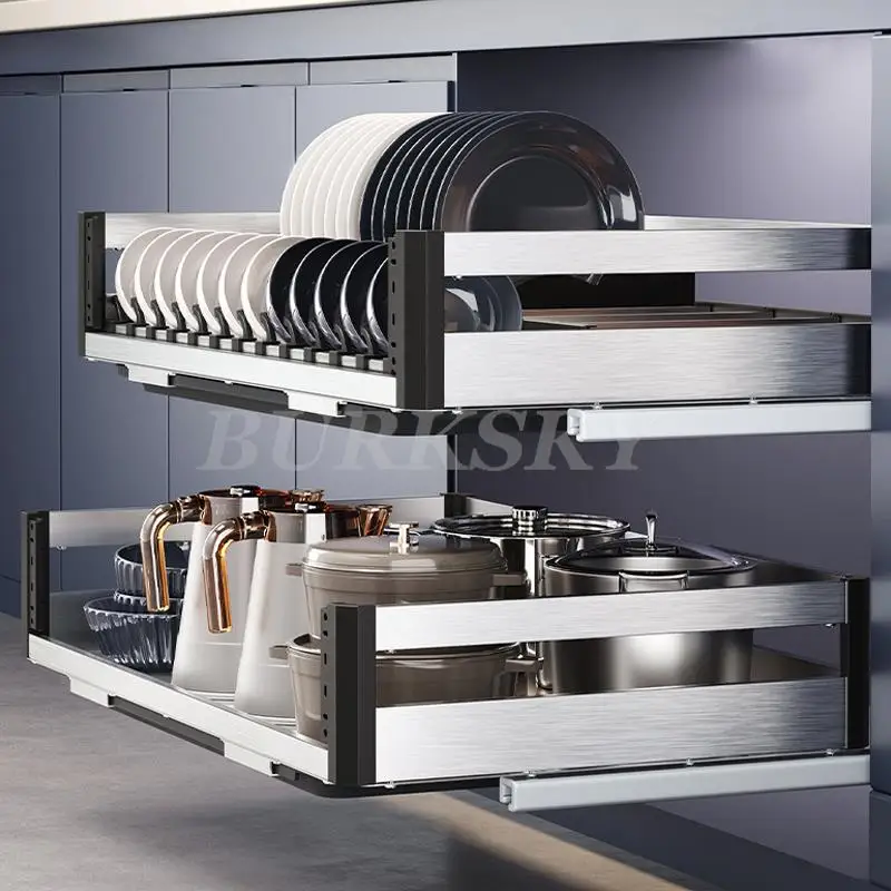 Drawer-Type House Dish Rack, Kitchen Cabinet, Double-Layer, Pull-out, Blue Storage, Drawer Basket, Dishes Storage