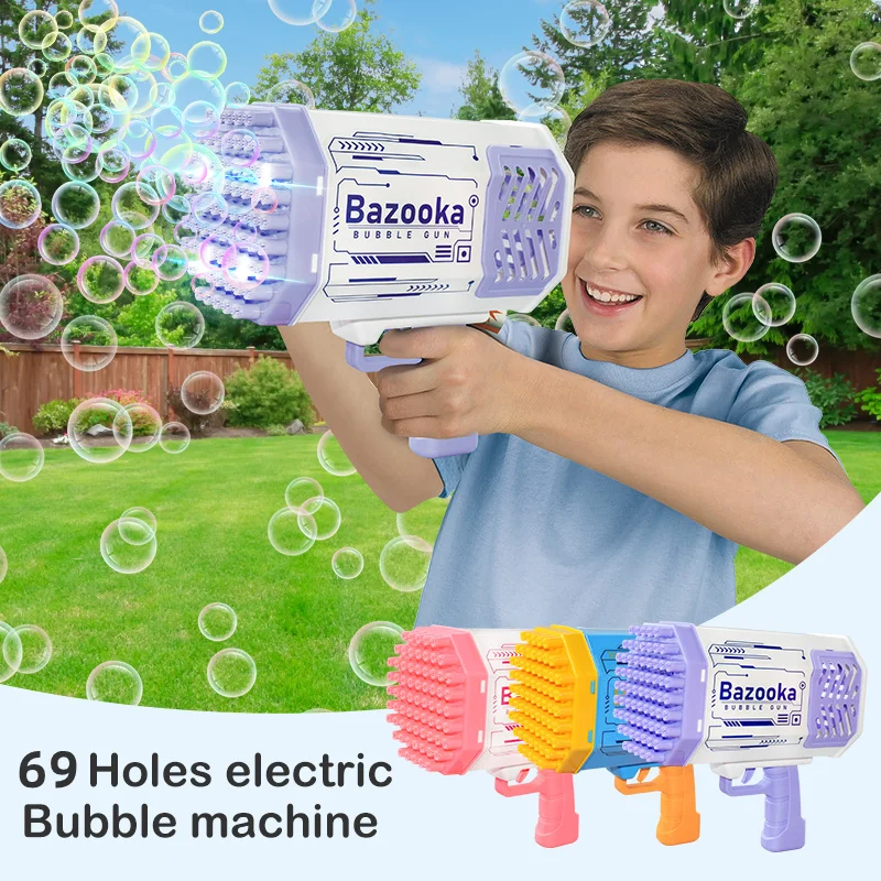 Machine Soap Bubbles Gun 69 Holes Electric Gatling Bubble Gun Rocket Shape Automatic Blower With Light For Kids Bath Toys Gift