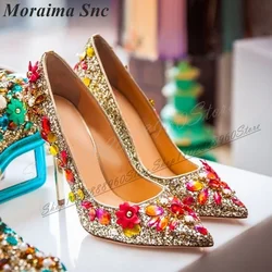 Mixed Sparkling Crystal Decor Wedding Pumps Thin High Heel Women Shoes Slip On Pointed Toe 2024 Fashionable Zapatos Para Mujere