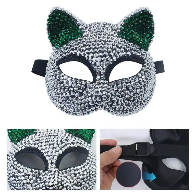 652F Máscara mascarada con diamantes imitación, máscara gatos, máscara media máscara decorativa para