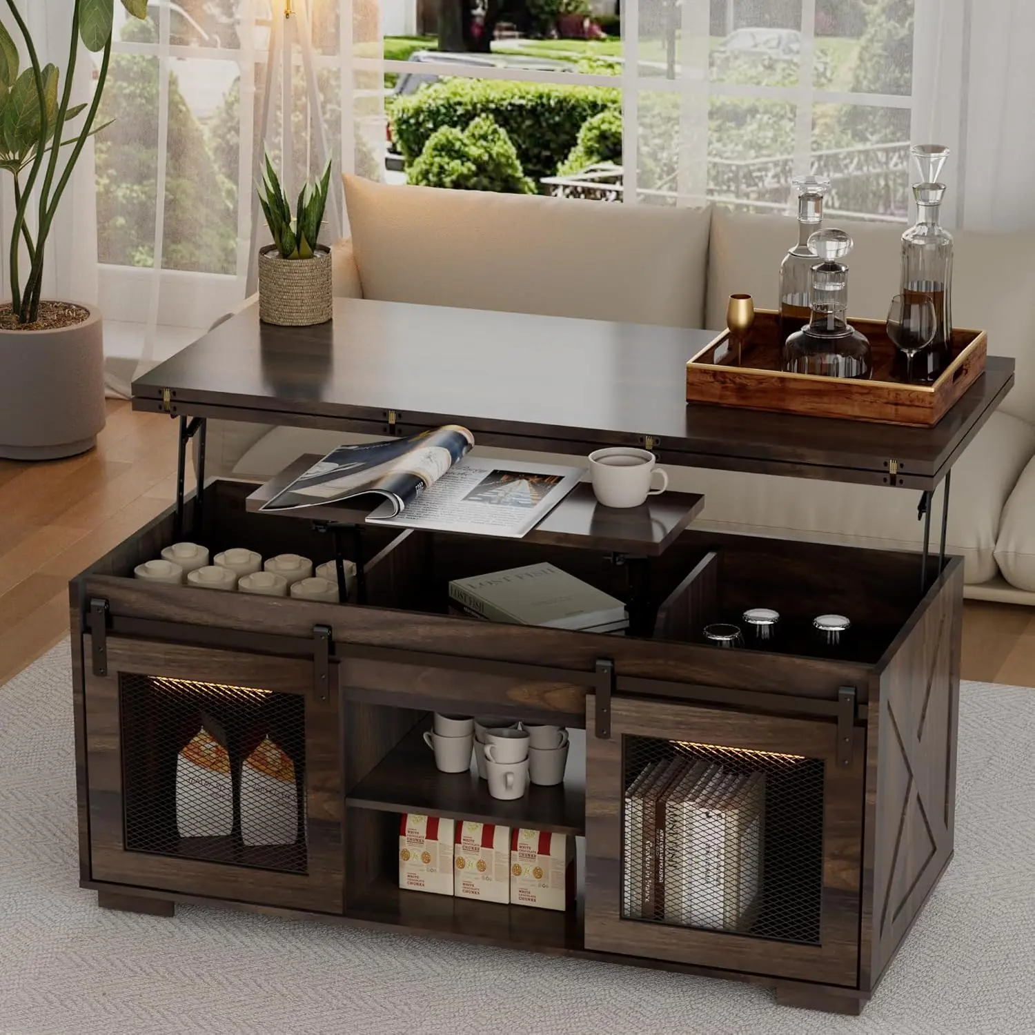 

Lift Top Coffee Table Sliding Doors Metal Mesh LED Storage Square Farmhouse Living Room Walnut Customized