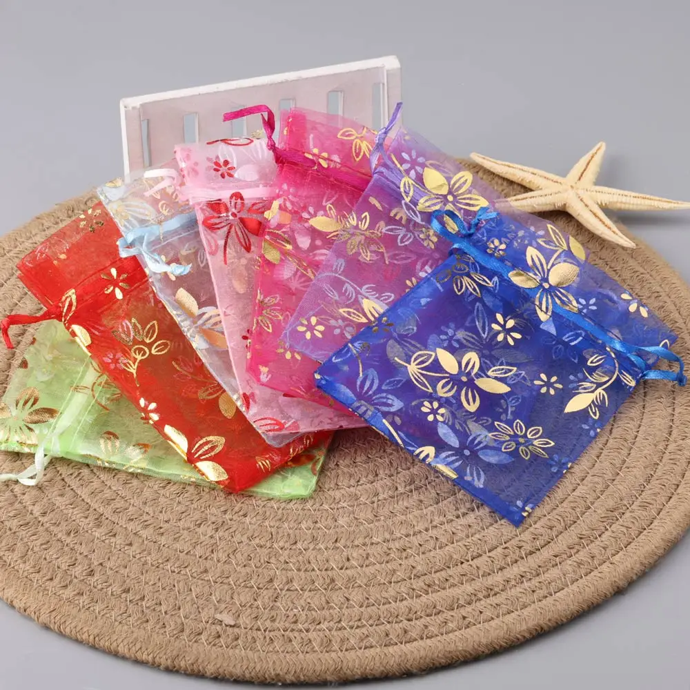 30pcs/Lot 10x15cm Gold Lovely Flowers Organza Drawstring Bag