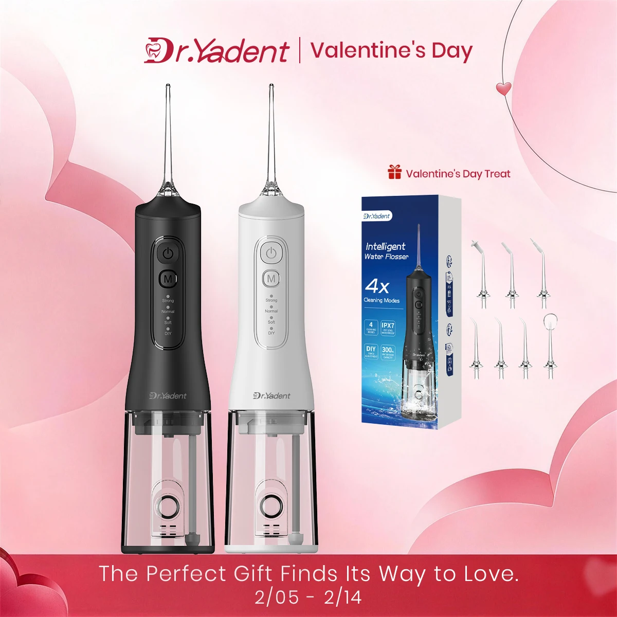 Dr.Yadent YD06 Cordless Oral Irrigator WaterFlosser 300ML Portable Water Jet USB-C Fast Charge 7 Nozzles 4 Modes IPX7 Waterproof