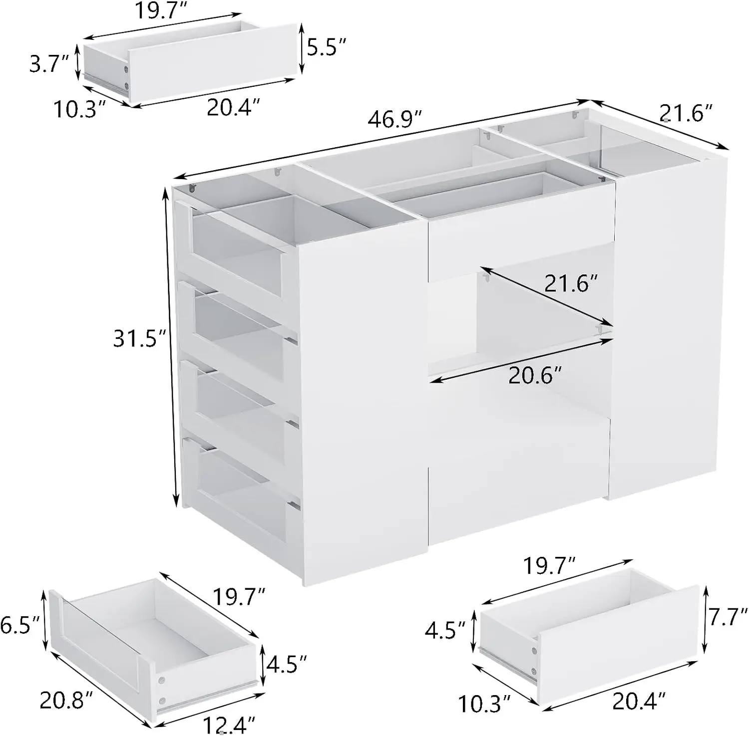 Closet Island With Drawers, Wardrobe Armoire Bedroom Island, Glass Display Shelf & 12 Drawers, White Dresser With Glass Top,