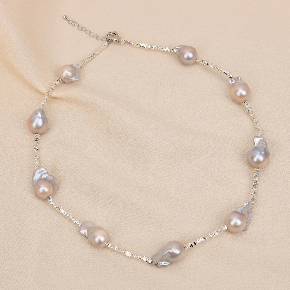 G-G Natural Gray Keshi Baroque Pearl Chokers Necklace small bits Silver Color Plated Beads 19'' For Women