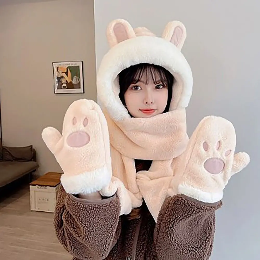 Winter Warm Hat Scarf Gloves Set Comfortable Cute Rabbit Brimless Warm Scarf Ear Protection Hat Women Girls